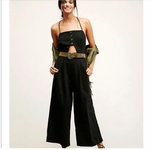 Free People Jumpsuit Marbella Black Linen Cutout One Piece Wide Leg size…